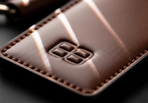A leather keychain with a logo pressed into the surface, creating a debossed effect.