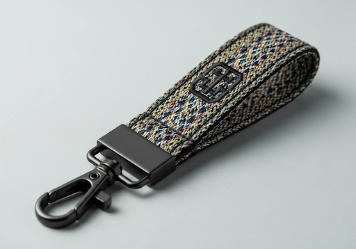 A colorful woven fabric keychain with a custom logo.