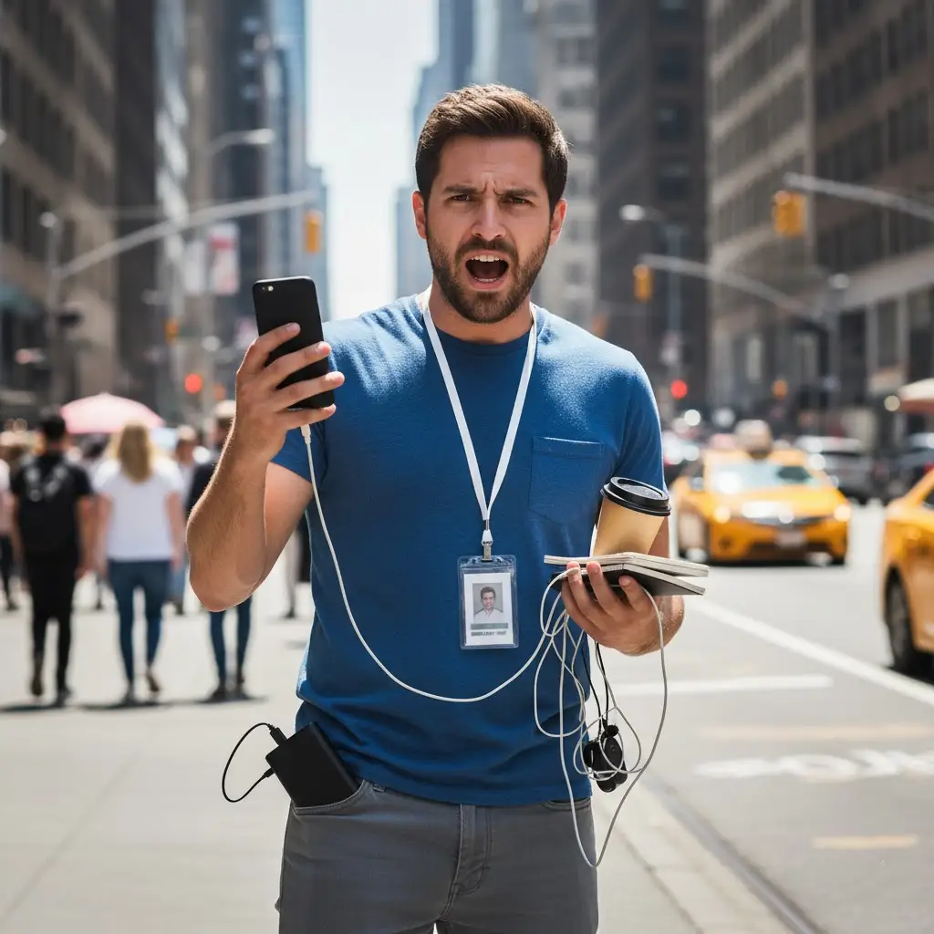A person looking frustrated, fumbling with a separate phone, ID on a simple lanyard, and a charging cable, illustrating the problem of single-function items.