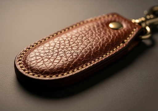 A close-up of a full-grain leather keychain showing its natural texture.