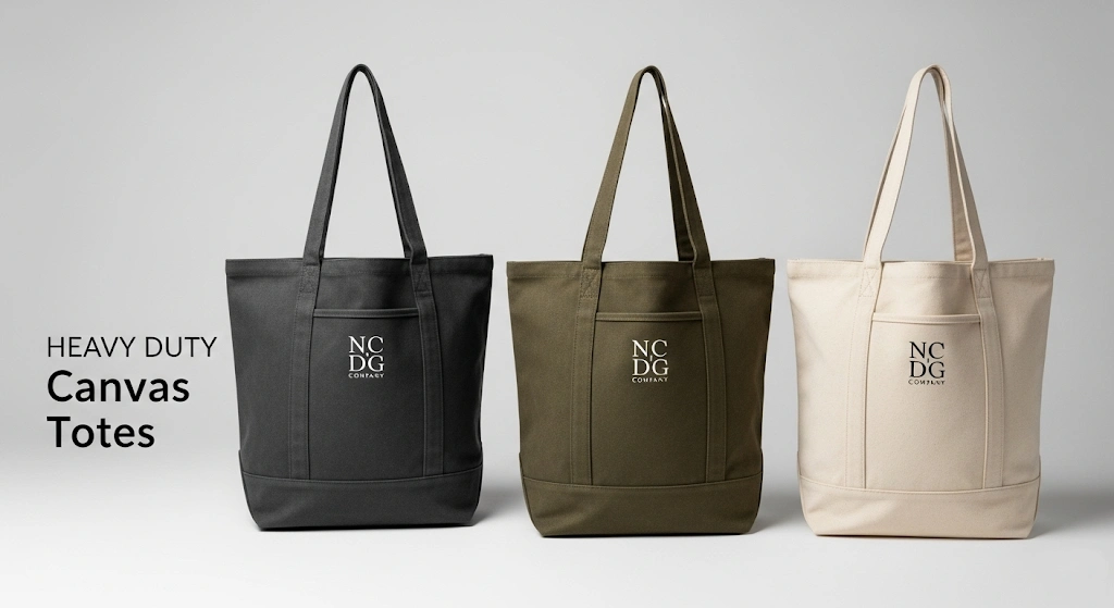 A collection of sturdy, premium custom-branded canvas tote bags.