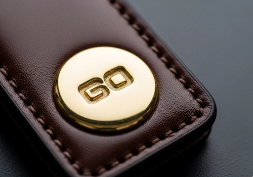 A leather keychain with a logo applied in a metallic gold foil via hot stamping.