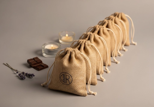 Small custom jute drawstring pouches for gifts.