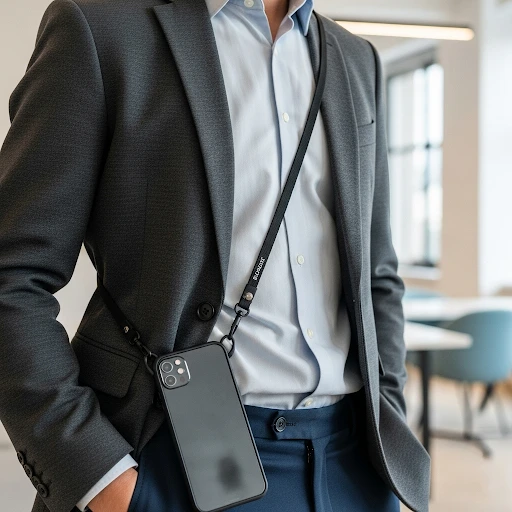 A stylish employee using a branded crossbody phone strap lanyard in an office setting.