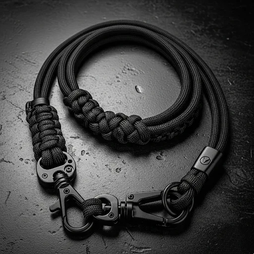 A rugged paracord lanyard with custom metal hardware, representing the techwear trend.