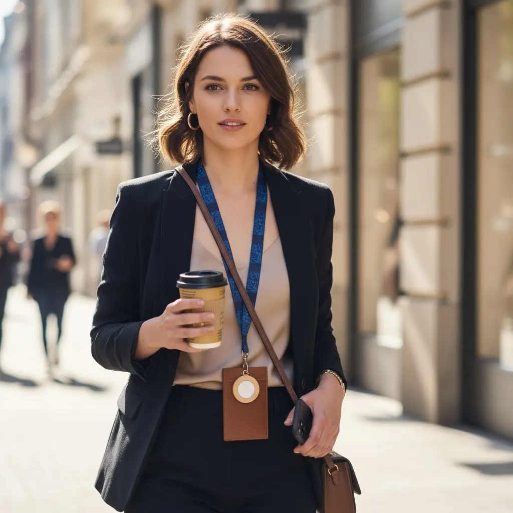 A stylish person wearing a premium, custom-designed lanyard as a fashion accessory, integrated into their daily outfit.
