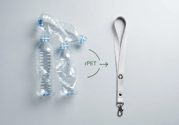 A sustainable rPET lanyard made from recycled plastic bottles.