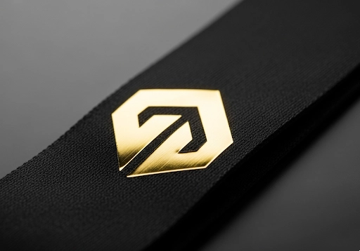 A lanyard with a shiny, metallic foil-stamped logo.