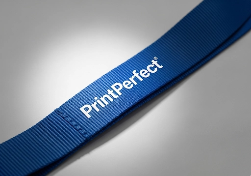 A nylon lanyard with a sharp screen-printed logo.