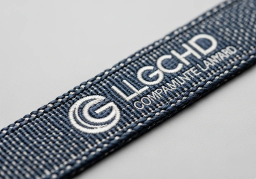A high-end woven lanyard with the logo stitched into the fabric.
