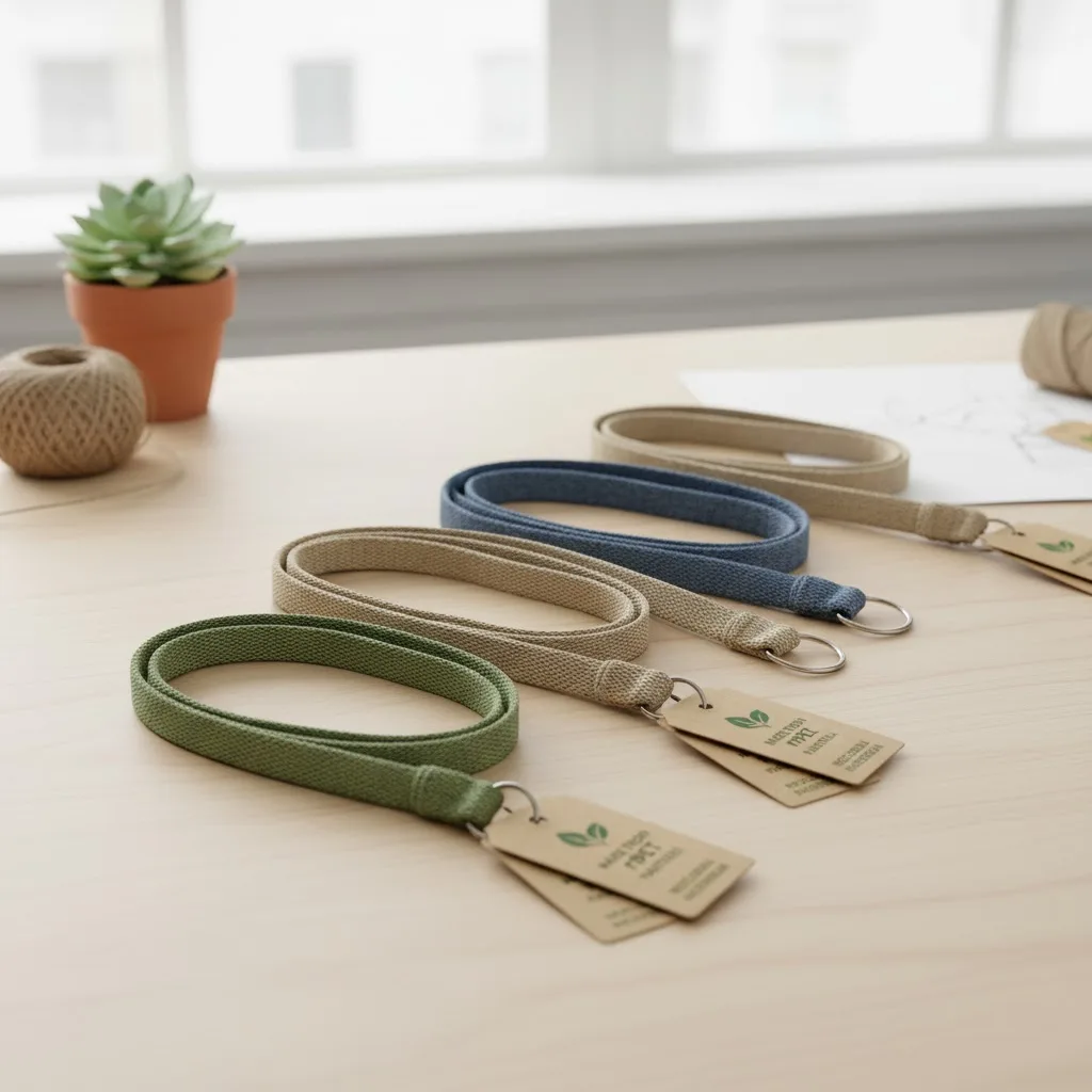 A collection of eco-friendly lanyards made from sustainable materials like rPET and bamboo, with a focus on circular design.