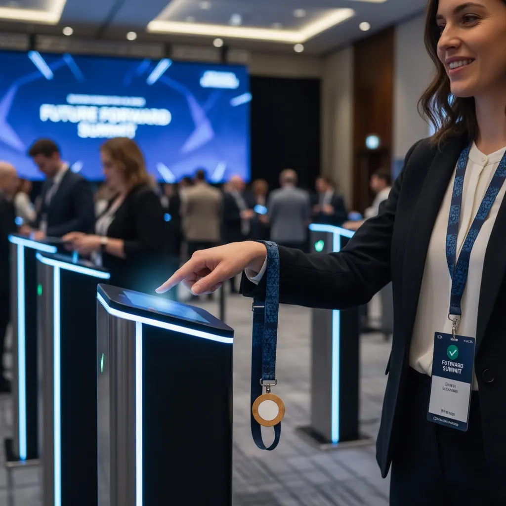 A person at a conference tapping their smart lanyard with an NFC chip at a checkpoint, demonstrating seamless access control.