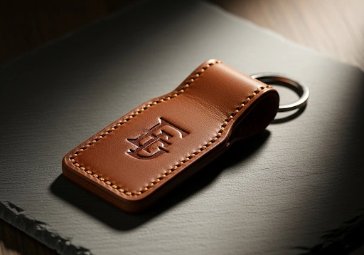 A sophisticated custom leather keychain with an embossed logo.