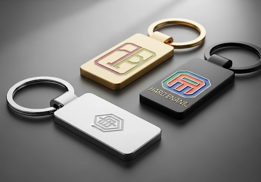 A collection of elegant custom metal keychains with enamel fills.