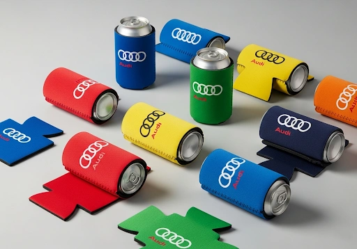 A collection of colorful custom neoprene can coolers.