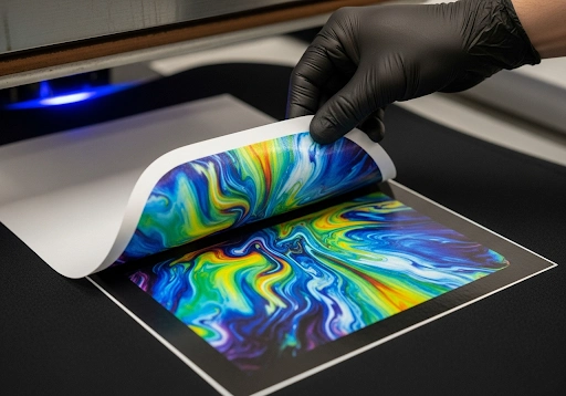 A vibrant, full-color design being transferred onto a neoprene product via dye sublimation.