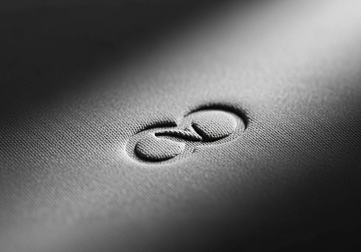 A close-up of a subtle, elegant embossed logo on a neoprene surface.