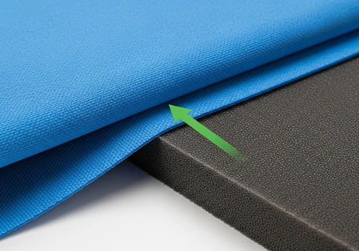 A close-up showing a polyester fabric layer being laminated onto neoprene foam.