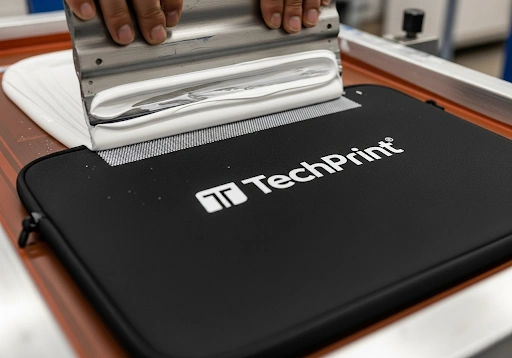 A bold, one-color logo being screen printed onto a neoprene laptop sleeve.