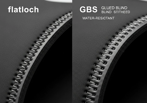 A detailed shot comparing a flatlock stitch and a waterproof GBS stitch on neoprene seams.