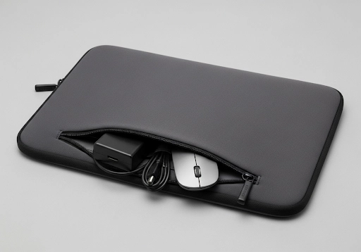 A neoprene laptop sleeve with an external zipper pocket for accessories.