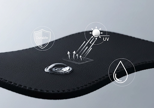 A conceptual image illustrating neoprene's key properties: a shield (durability), a sun (UV resistance), and a water droplet (waterproof).