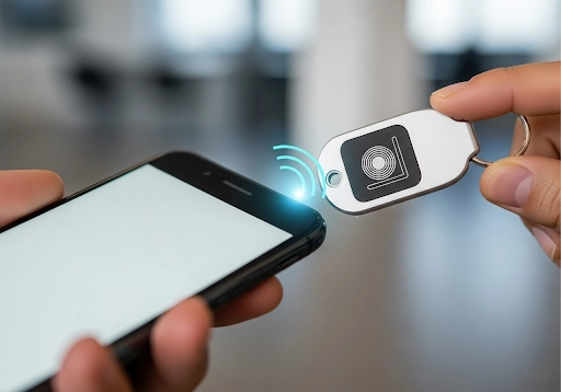 A conceptual image showing a keychain with an embedded NFC chip ready to be tapped by a smartphone.