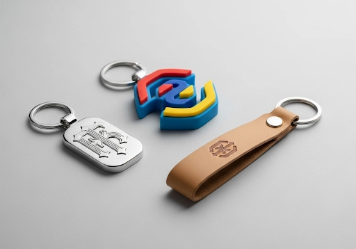 Custom keychains in metal and PVC.