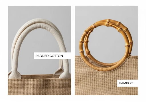 A collage showing different handle options for jute bags, including padded cotton and bamboo.