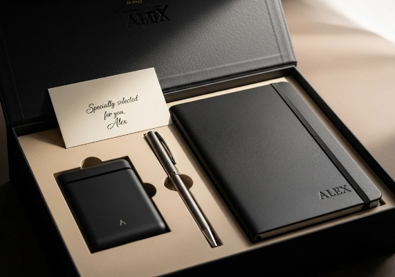 A personalized gift box, showcasing the future of corporate gifts and personalization trends.