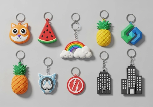 A variety of colorful and fun custom 2D and 3D soft PVC keychains.