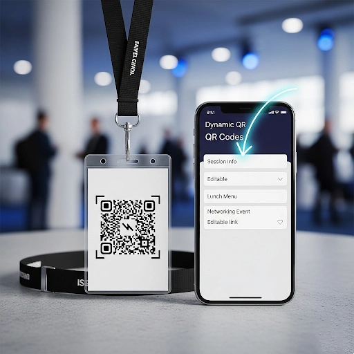 An illustration of a dynamic QR code on a lanyard that can be updated in real-time.