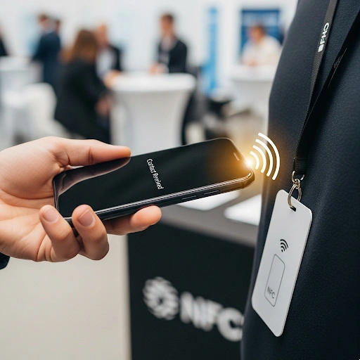 An illustration of a phone tapping an NFC-enabled lanyard attachment to exchange contact information.