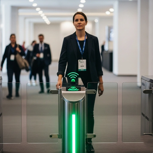 An illustration of an RFID gate scanning an attendee's lanyard for access control.