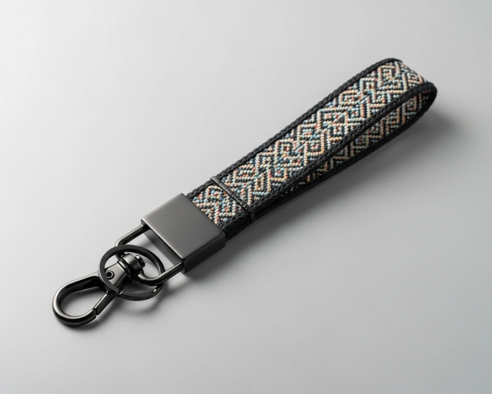 A clean flat lay of a single, high-quality custom woven keychain.