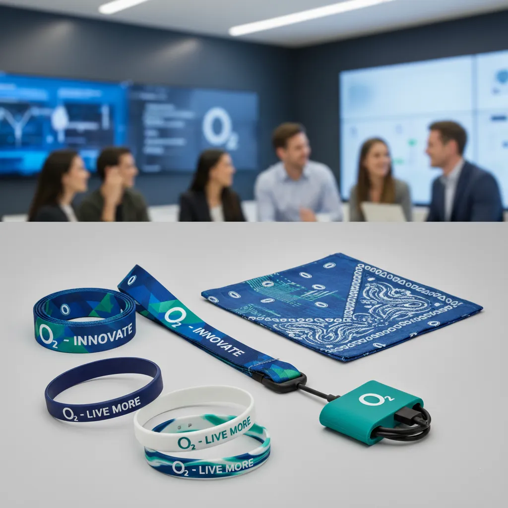 A collection of custom promotional items created for O2, including bracelets, lanyards, and bandanas.