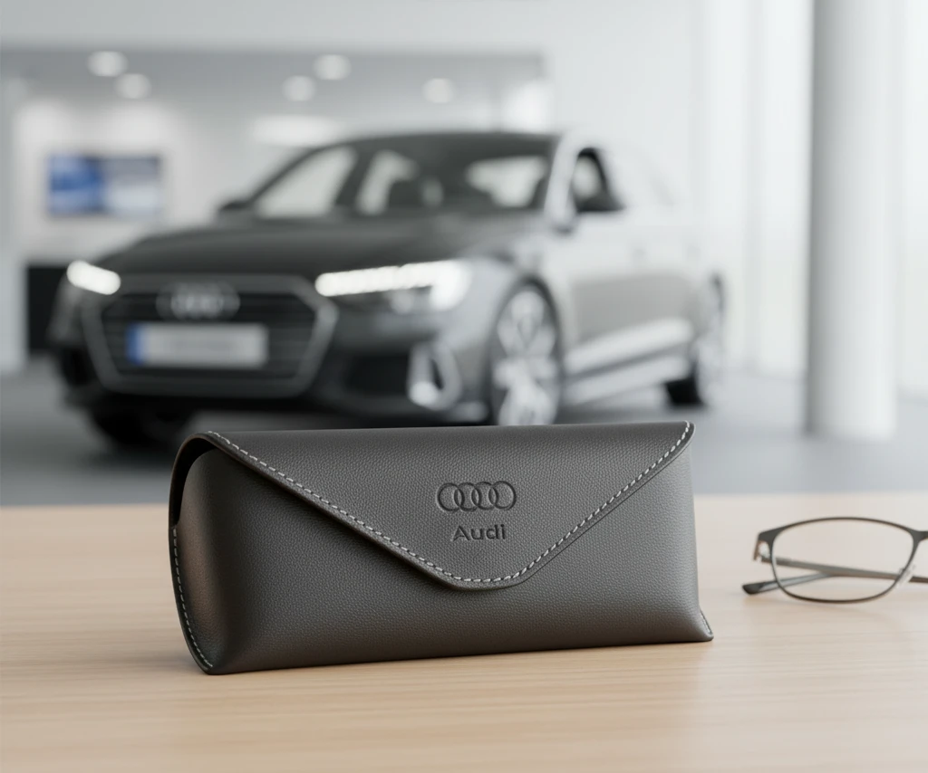 A custom genuine leather eyeglass case made for Audi.