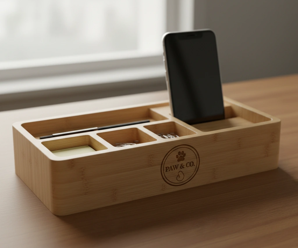 Bamboo desk organizer with laser engraved details.