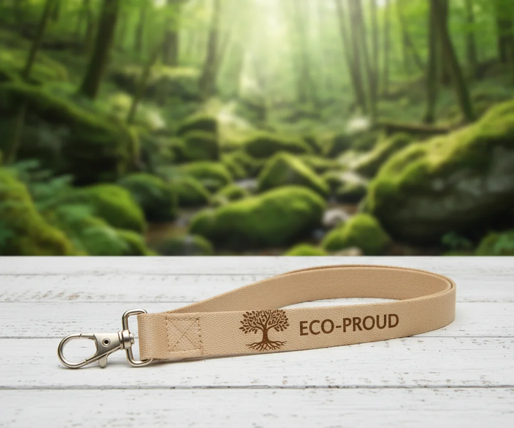 A natural-toned bamboo fiber lanyard with a simple, elegant screen print.