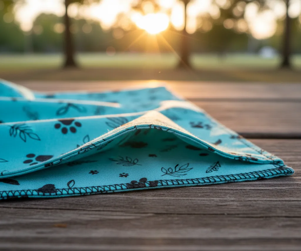 Close up of the clean rolled hem stitching on the edge of the bandana.