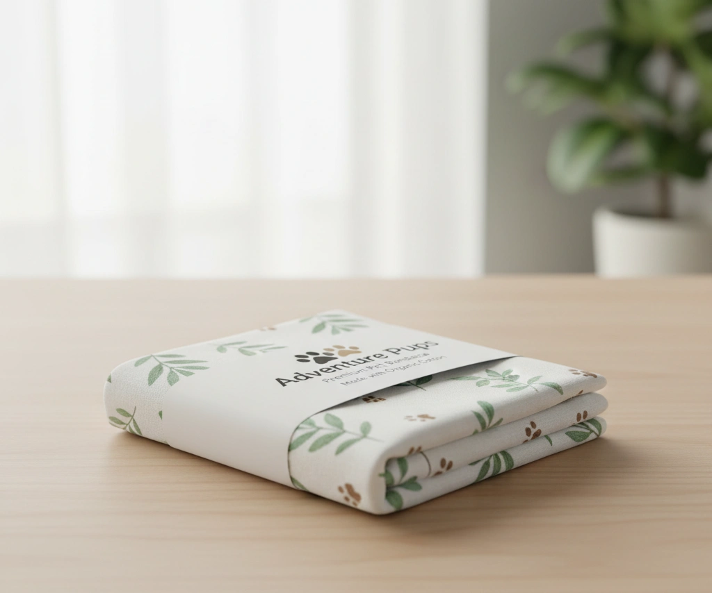 A neatly folded pet bandana secured with a custom-printed paper belly band that showcases the brand logo and product info.