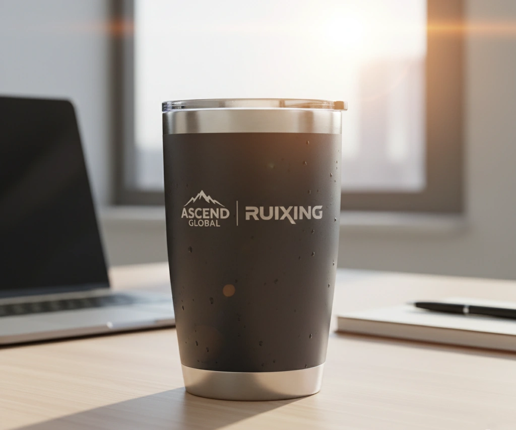A premium YETI tumbler with a corporate logo elegantly laser-engraved next to the YETI logo.