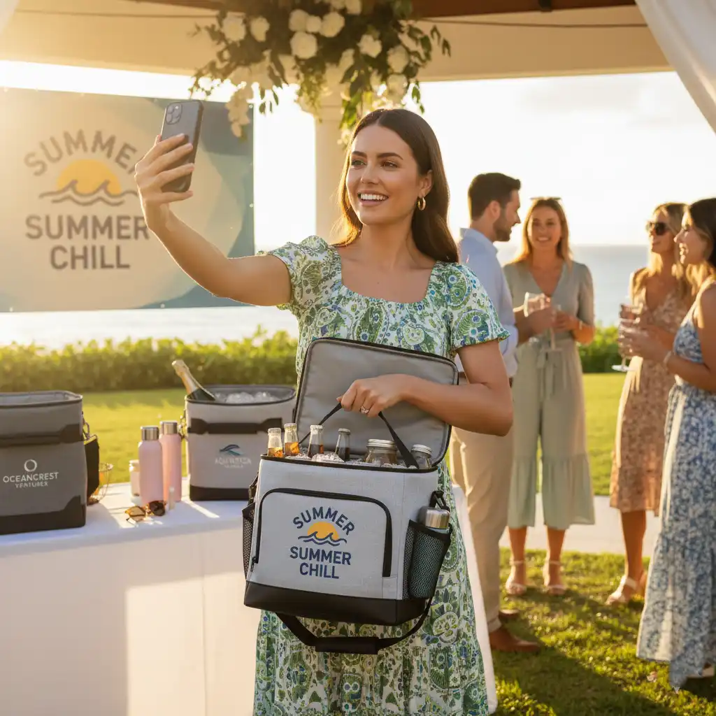 An influencer at an outdoor product launch event, using their custom-branded cooler bag.