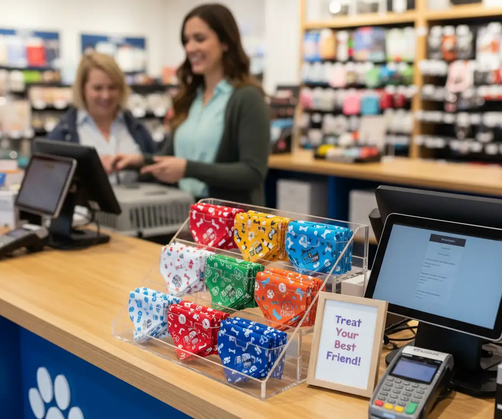 A pet store checkout counter with a colorful display of neatly folded custom bandanas, encouraging impulse buys.
