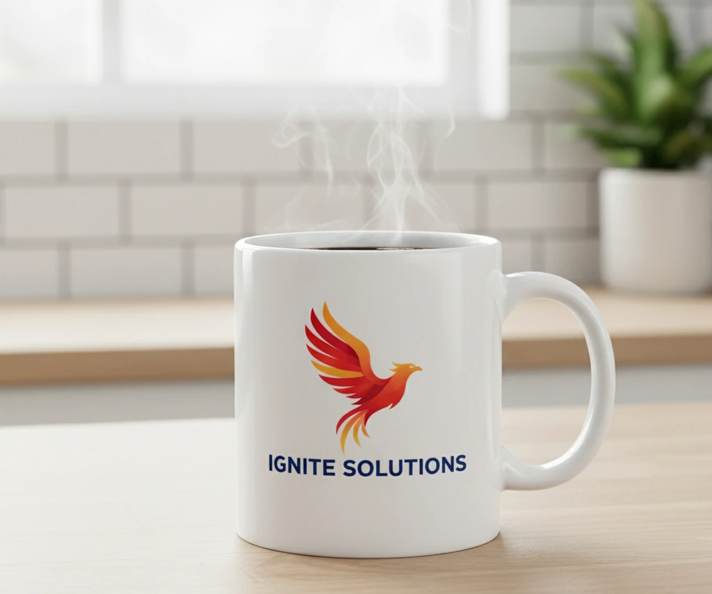 A classic white ceramic mug with a bold, multi-color company logo printed on it.