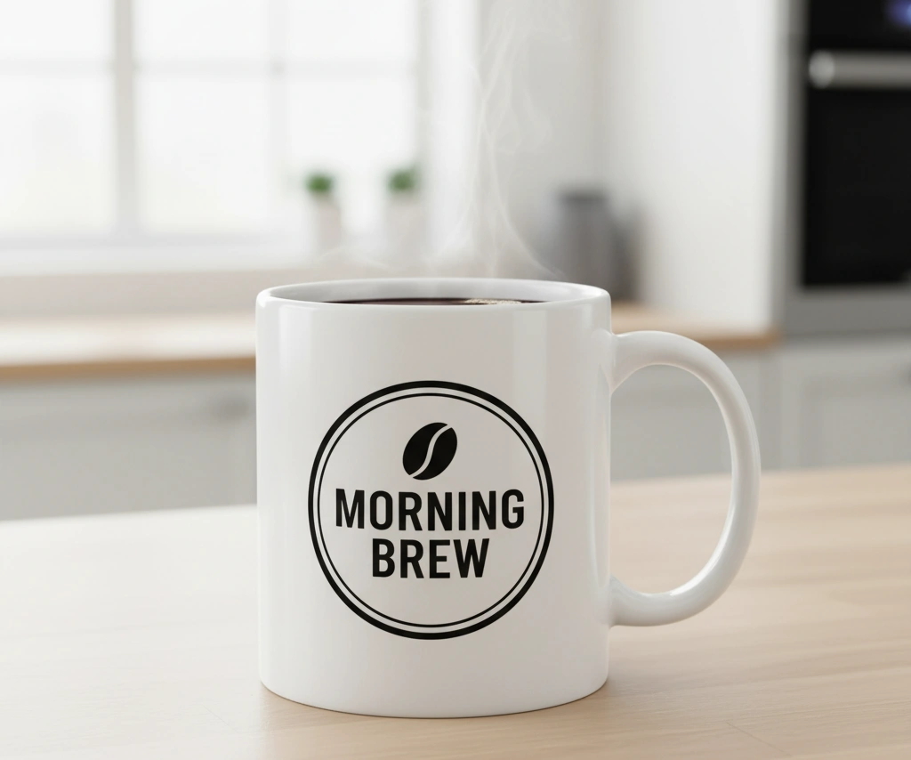 A high-quality, classic white ceramic mug with a crisp, clean printed brand logo.
