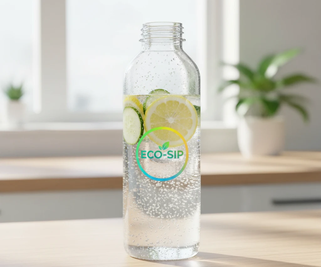 A clear, modern rPET water bottle with a colorful brand logo, highlighting its recycled origin.