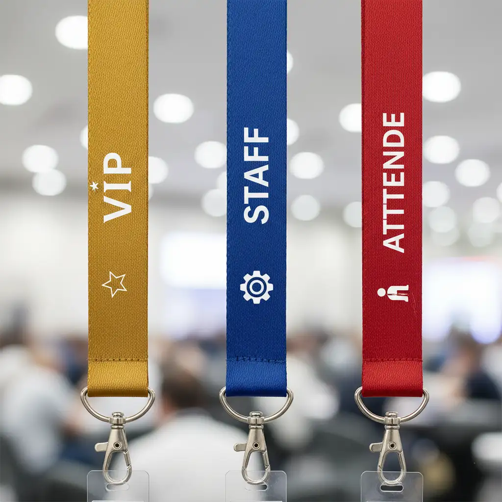 A collection of lanyards in different distinct colors (e.g., gold for VIP, blue for Staff, red for Attendee).