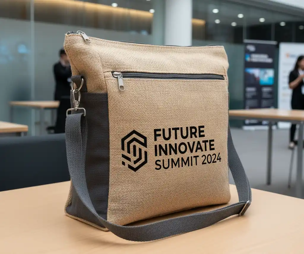 A professional jute conference bag with a zipper, shoulder strap, and a large, clear event logo printed on the side.
