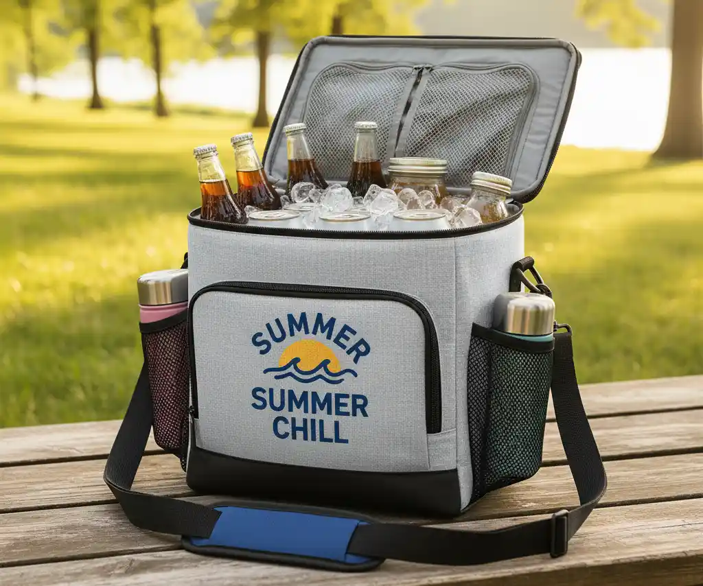 A cooler bag showcasing its multiple features like a front zippered pocket, mesh side pockets, and a padded shoulder strap.